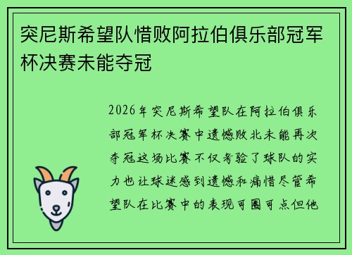 突尼斯希望队惜败阿拉伯俱乐部冠军杯决赛未能夺冠 突尼斯希望队惜败阿拉伯俱乐部冠军杯决赛未能夺冠
